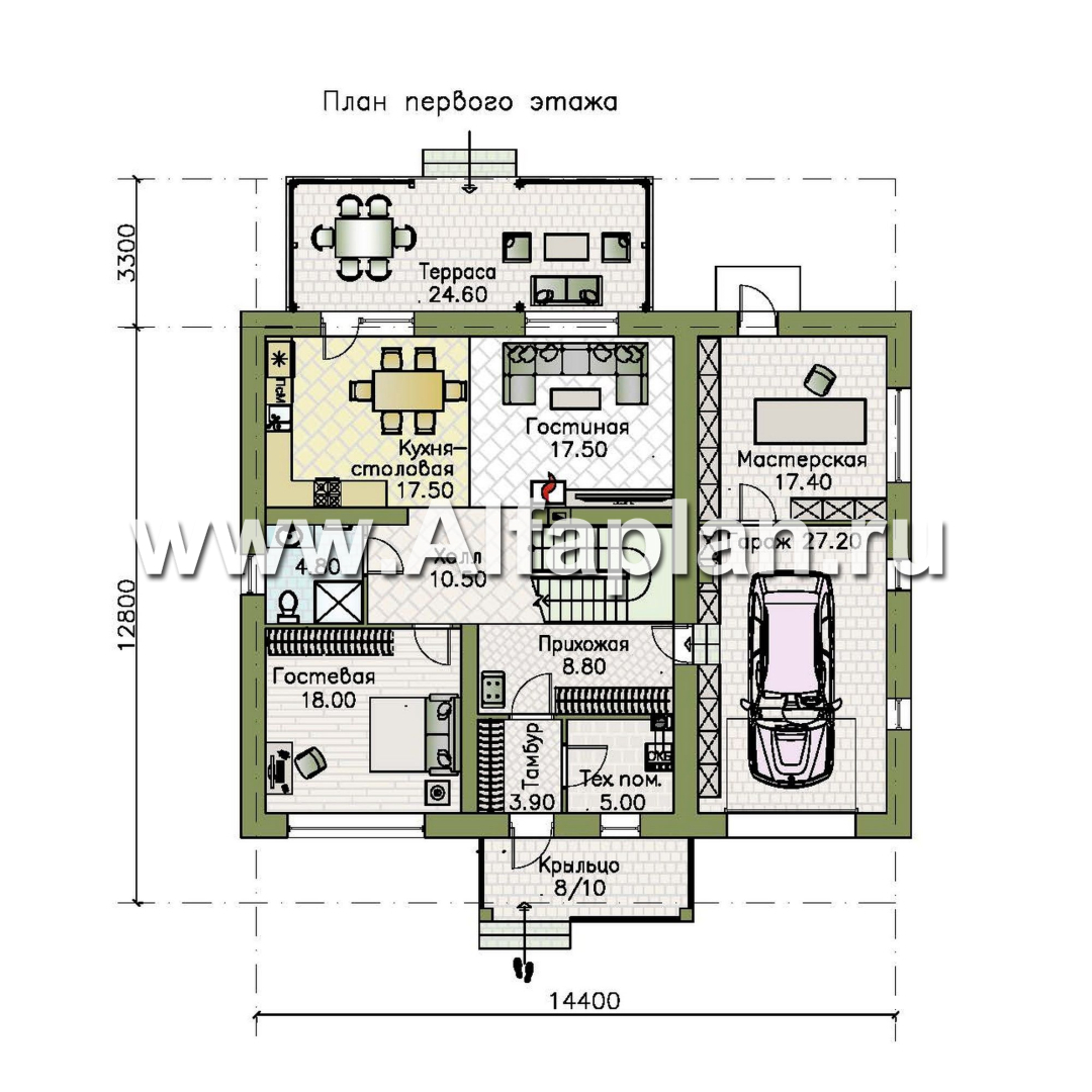 «Династия» - проект дома с мансардой, мастер спальня, с террасой и гаражом с мастерской - план дома