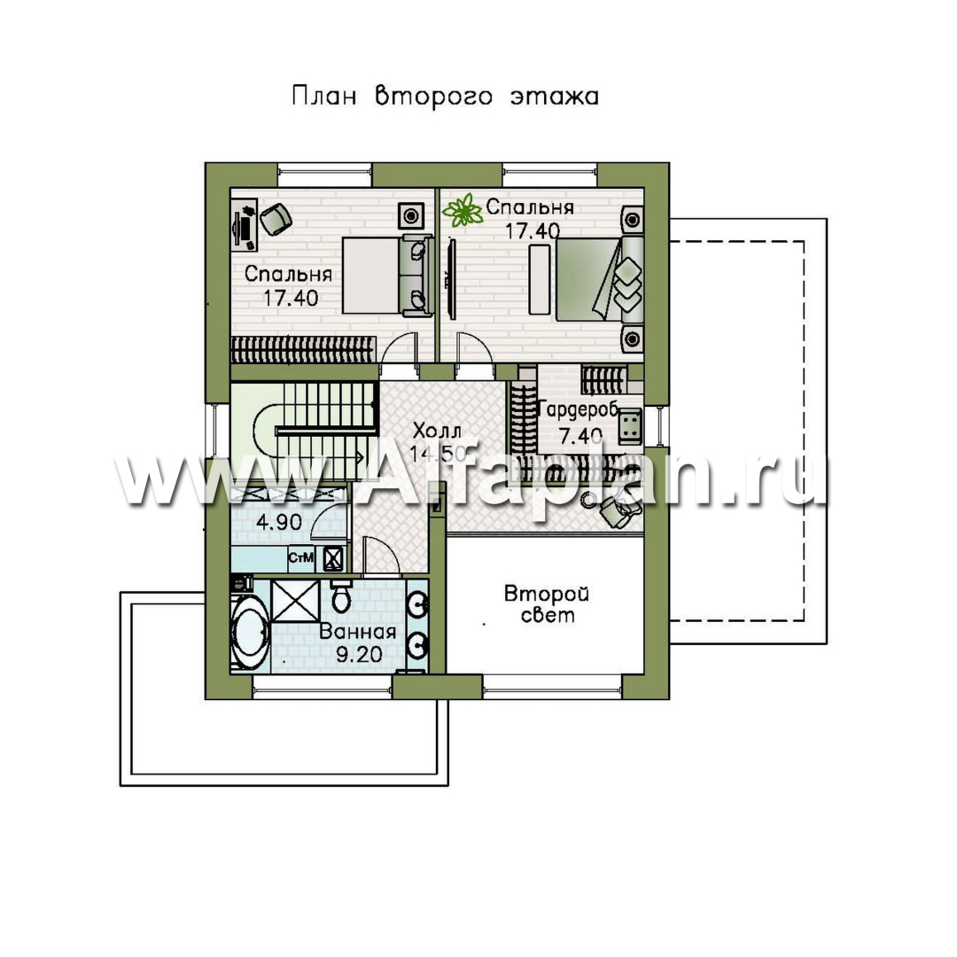 «Коронадо» - проект дома, 2 этажа, со вторым светом гостиной, с террасой и плоской крышей, в стиле хай-тек - план дома