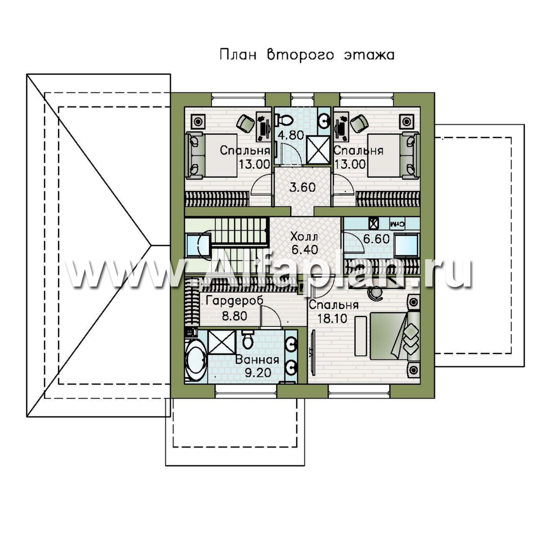 «Династия» - проект дома с мансардой, мастер спальня, с террасой сбоку и гаражом с мастерской - план дома