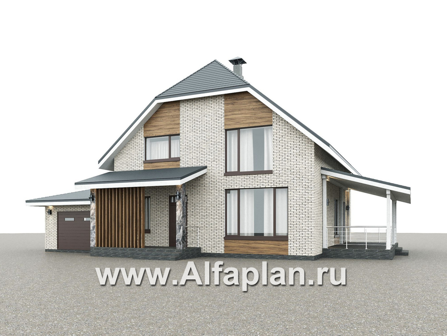 «Династия» - проект дома с мансардой, мастер спальня, с террасой сбоку и гаражом с мастерской - дизайн дома №1