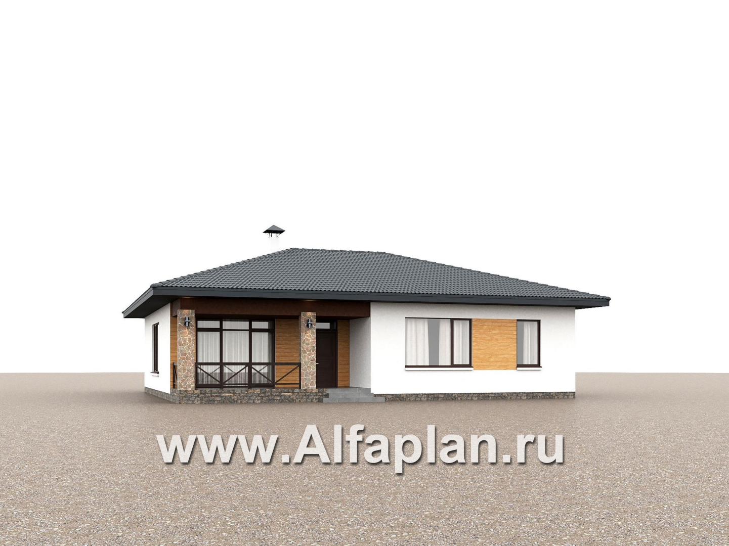 «Глория» - проект одноэтажного дома, терраса со стороны входа, планировка мастер спальня, 3 спальни - дизайн дома №1