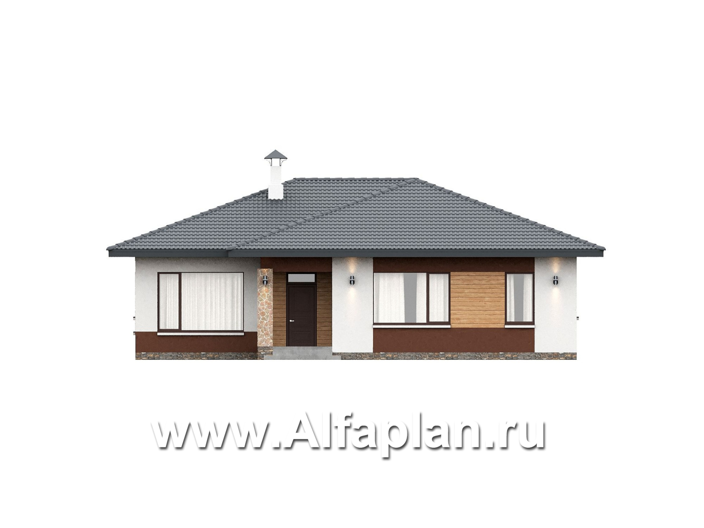 «Глория» - проект одноэтажного дома, c террасой, планировка мастер спальня, гардероб и постирочная, 3 спальни - фасад дома