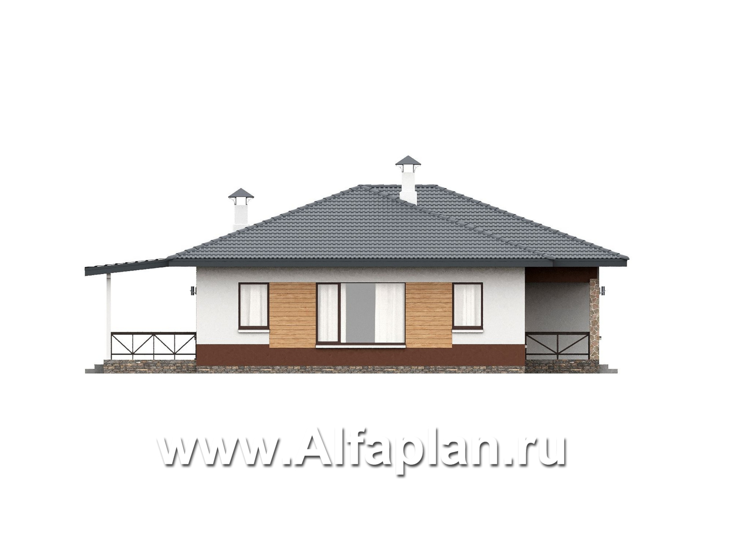 «Глория» - проект одноэтажного дома, c террасой, планировка мастер спальня, гардероб и постирочная, 3 спальни - фасад дома