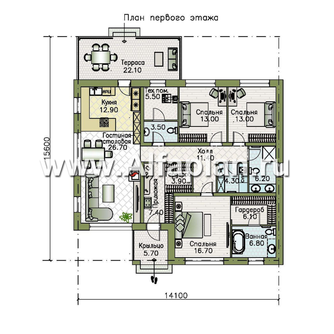 «Глория» - проект одноэтажного дома, c террасой, планировка мастер спальня, гардероб и постирочная, 3 спальни - план дома