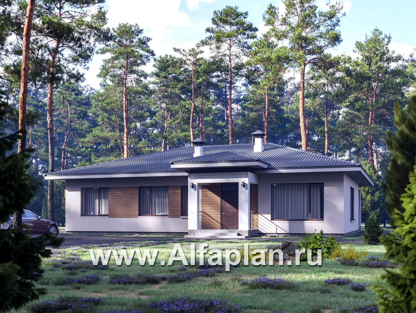 «Serenity» - проект одноэтажного дома, c террасой, планировка мастер спальня, гардероб и постирочная, 4 спальни - основное изображение