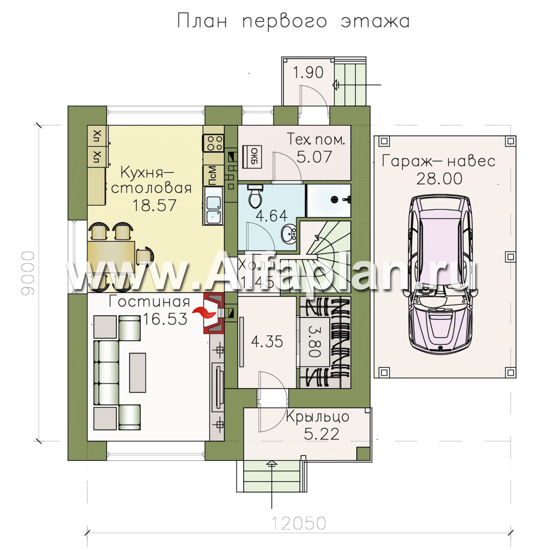 Проекты домов Альфаплан - Кирпичный дом «Серебро» с навесом для машины - изображение плана проекта №1