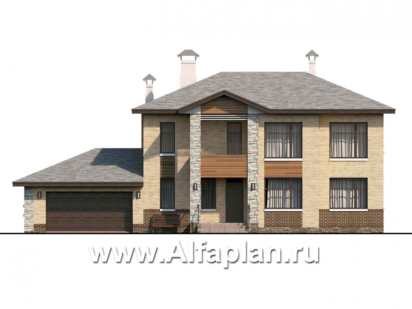 Проекты домов Альфаплан - «Высшая лига» -  Дом с двумя жилыми комнатами на 1эт, с гаражом на два автомобиля - изображение фасада №1