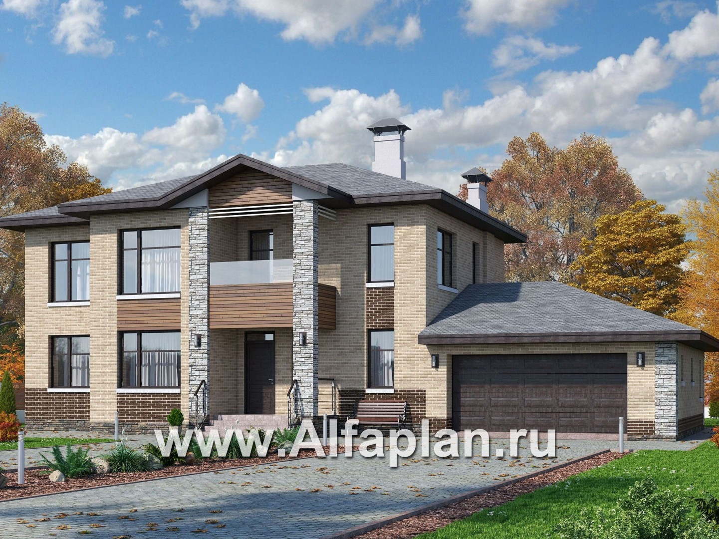 Проекты домов Альфаплан - «Высшая лига» -  Дом с двумя жилыми комнатами на 1эт, с гаражом на два автомобиля - основное изображение