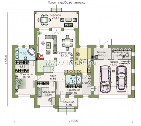 Проекты домов Альфаплан - «Высшая лига» -  Дом с двумя жилыми комнатами на 1эт, с гаражом на два автомобиля - превью плана проекта №1