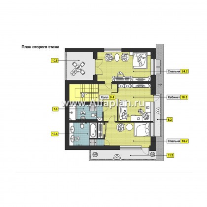 Проект современного дома с мансардой, планировка с кабинетом на 1 эт, с террасой и с балконом, в стиле хай-тек - превью план дома
