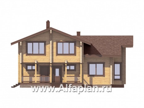 Проект двухэтажного дома из бруса, планирочка с сауной и с террасой, с балконом - превью фасада дома