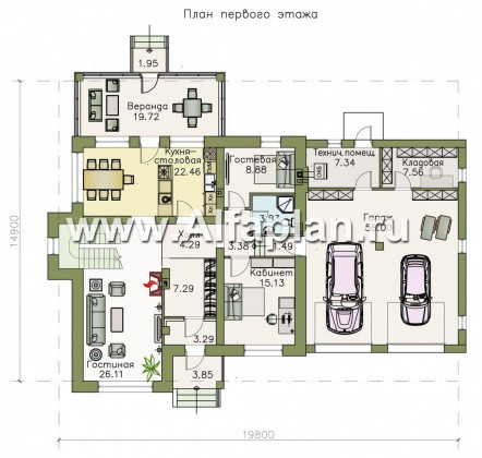 Проекты домов Альфаплан - «Традиция» - комфортабельный коттедж с гаражом на два автомобиля - превью плана проекта №1
