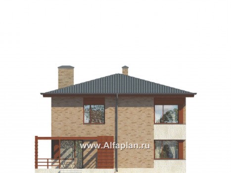 Проект двухэтажного дома, с кабинетом и с террасой, вход с угла, в современном стиле - превью фасада дома