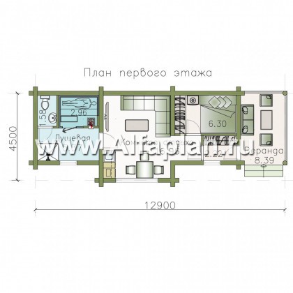 Проекты домов Альфаплан - Узкая деревянная баня с гостевой спальной - превью плана проекта №1