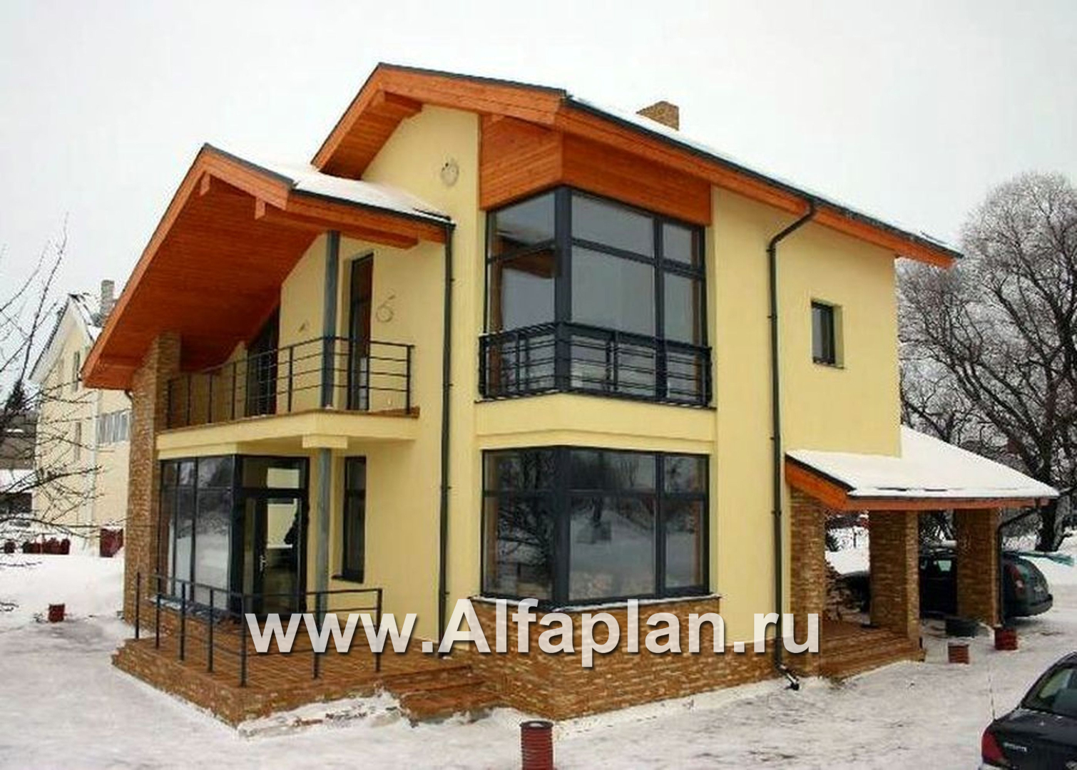 Проект дома с мансардой с фото, с кабинетом на 1 эт и с террасой, кирпичный коттедж в стиле хай-тек - дизайн дома №4