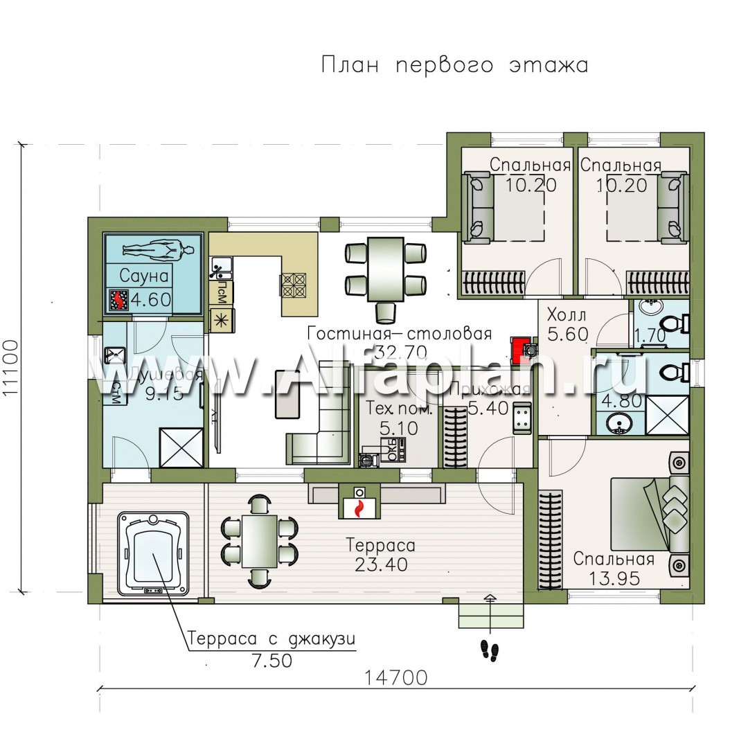 Проекты домов Альфаплан - «Эпсилон» - одноэтажный дом с сауной и джакузи на террасе - изображение плана проекта №1
