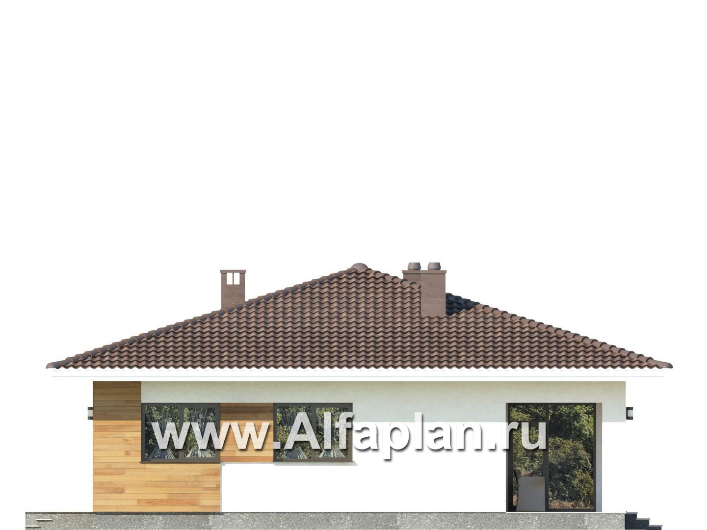 Проект одноэтажного дома из газобетона, план 3 спальни и терраса, в современном стиле - фасад дома