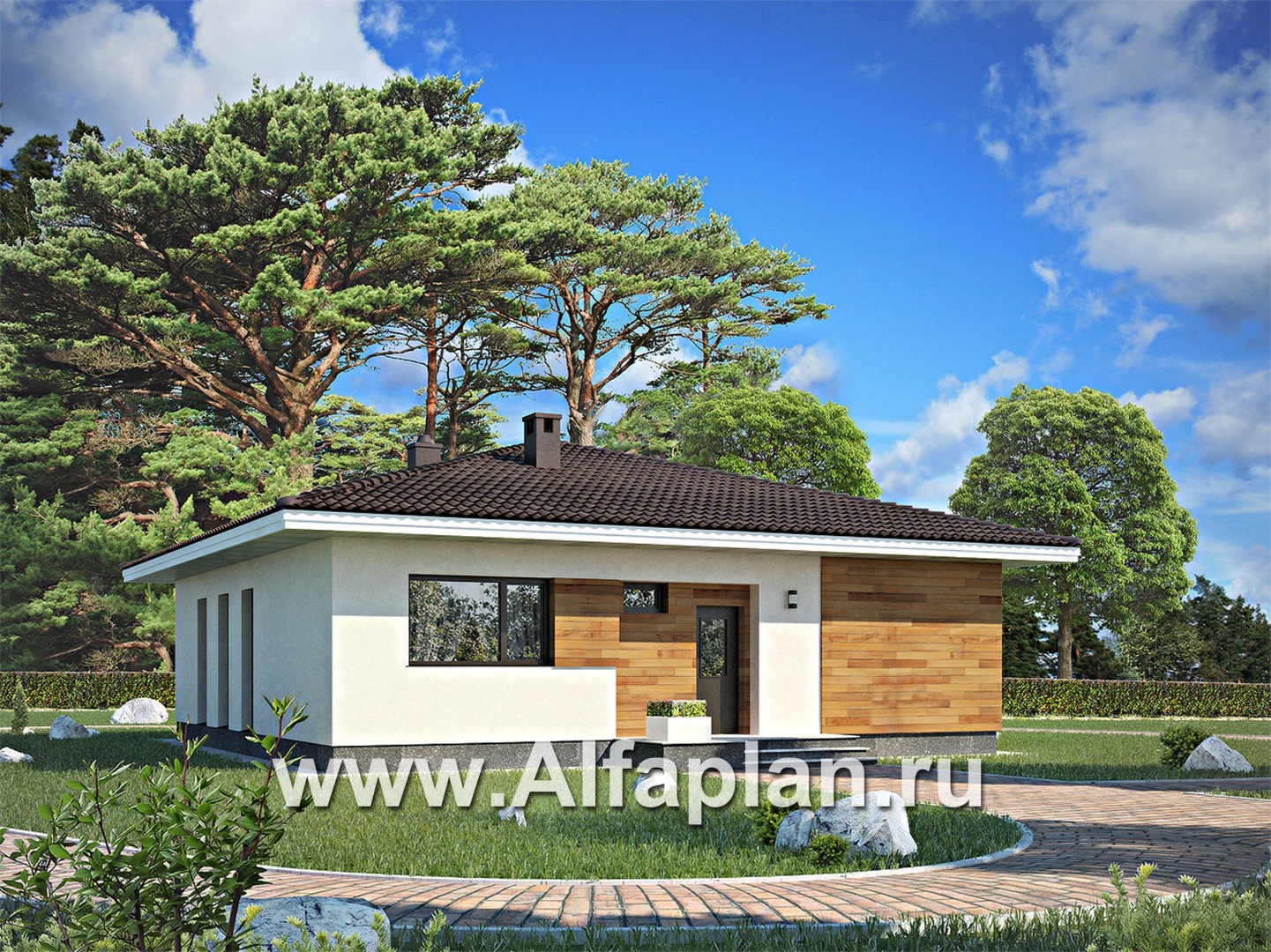 Проект одноэтажного дома из газобетона, план 3 спальни и терраса, в современном стиле - дизайн дома №1