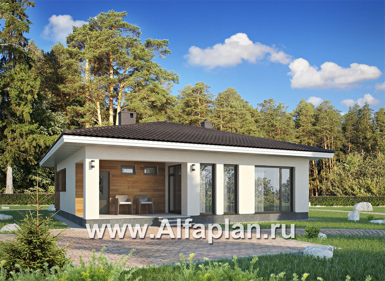 Проект одноэтажного дома из газобетона, план 3 спальни и терраса, в современном стиле - дизайн дома №3