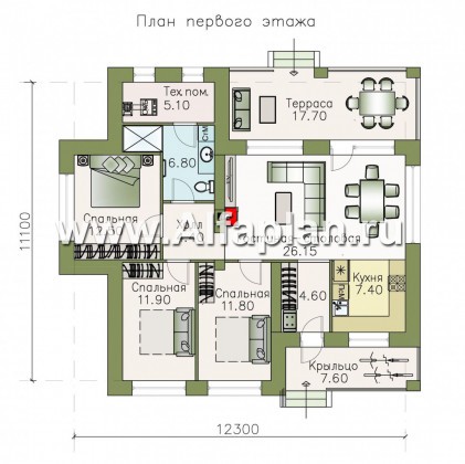 «Волхов» - проект одноэтажного дома из кирпича, 3 спальни, планировка дома с террасой - превью план дома