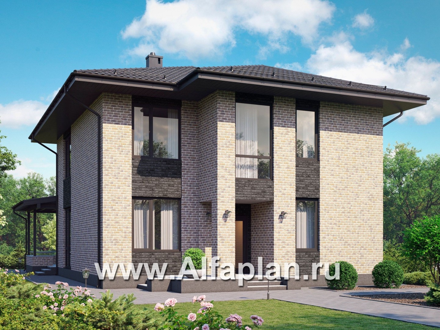 Проект двухэтажного дома, планировка с кабинетом на 1 эт и с террасой, в современном стиле - основное изображение