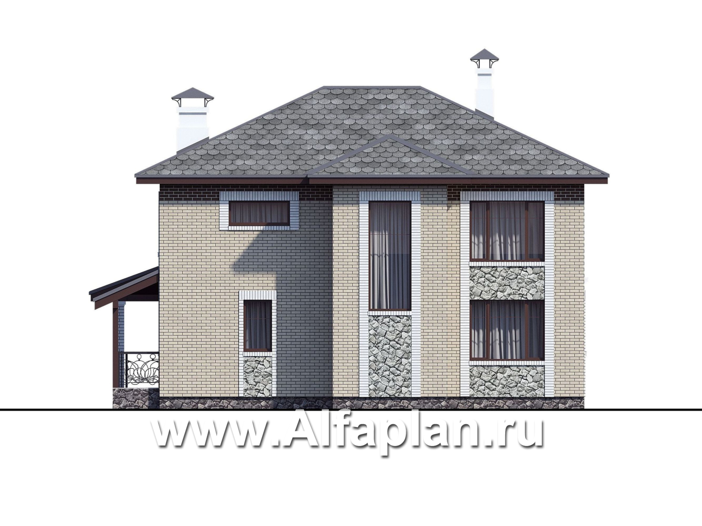 «Модерн» - проект двухэтажного дома из газобетона, с гостевой комнатой, с террасой, в стиле модерн (Серебряный век) - фасад дома