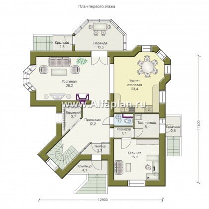 «Аскольд» - проект двухэтажного дома с террасой, планировка дома по диагонали, в стиле замка - превью план дома