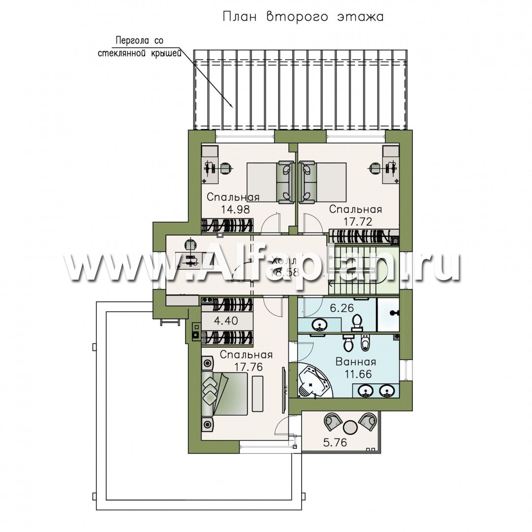«Эвр» - проект двухэтажного дома с террасой и с гаражом на 2 авто, лестница в гостиной, с плоской кровлей, в стиле хай-тек - план дома