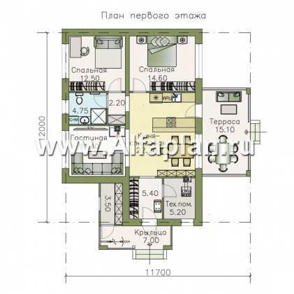 Проекты домов Альфаплан - «Мелета» - компактный и уютный одноэтажный дом с двумя спальнями - превью плана проекта №1