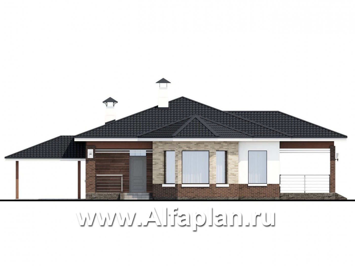 Проекты домов Альфаплан - «Гемера» - стильный одноэтажный дом с эркером и гаражом-навесом - изображение фасада №1