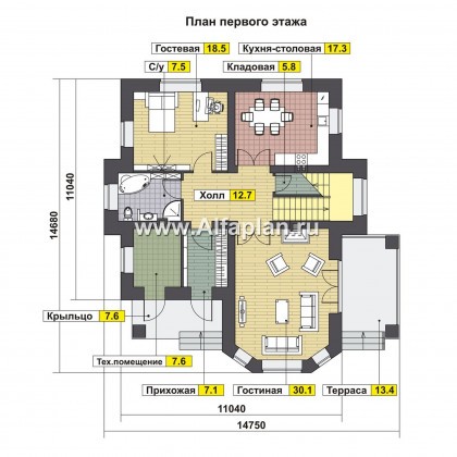 Проекты домов Альфаплан - Красивый коттедж с двусветной гостиной - превью плана проекта №1
