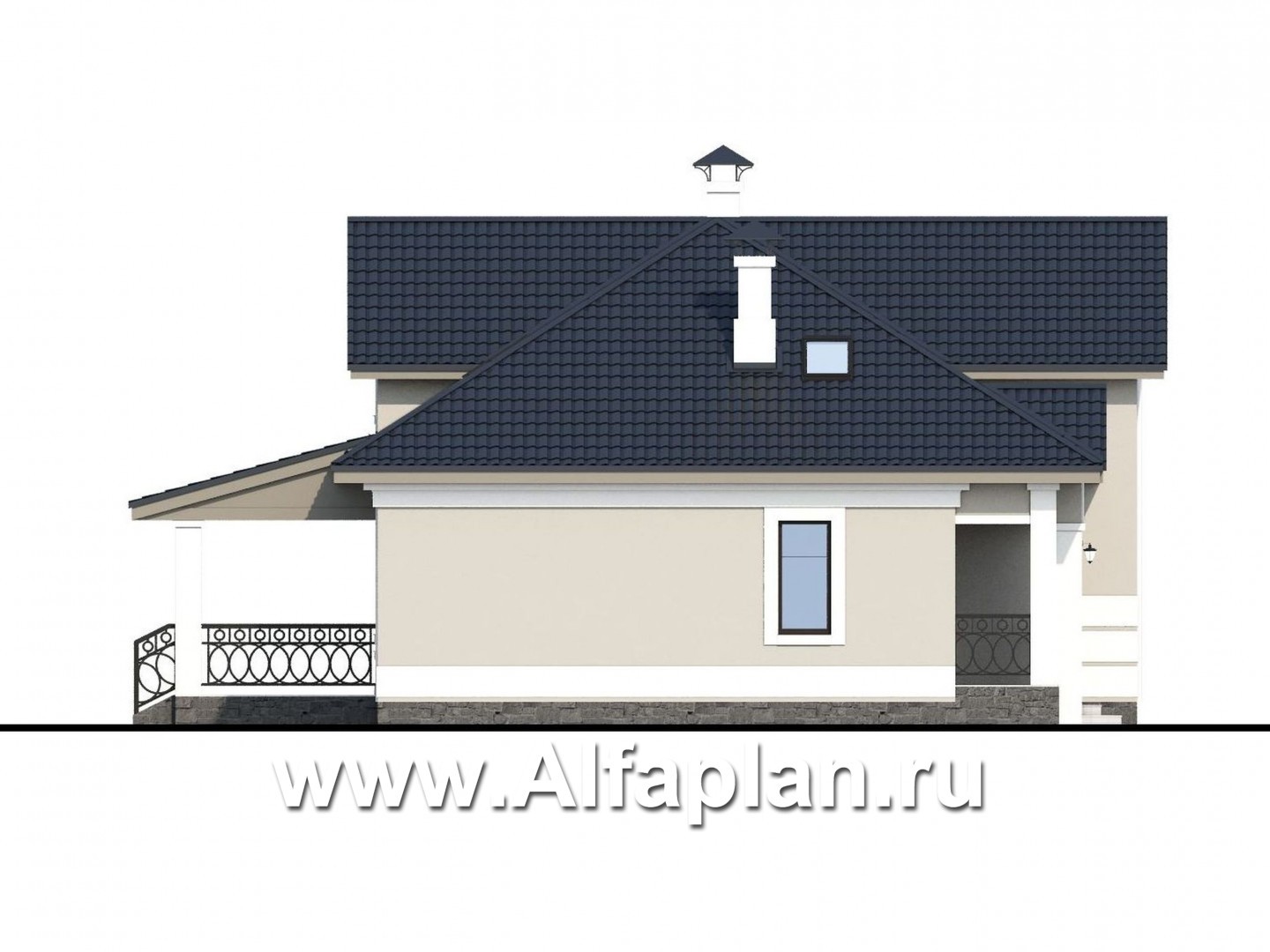 «Волга» - проект дома с мансардой, из газобетона, с террасой, планировка с тремя жилыми комнатами на 1 этаже и вторым светом - фасад дома