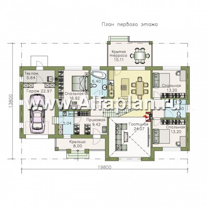 Проекты домов Альфаплан - «Волга» - коттедж с 3-я жилыми комнатами на 1 этаже, жилой мансардой и гаражом - превью плана проекта №1