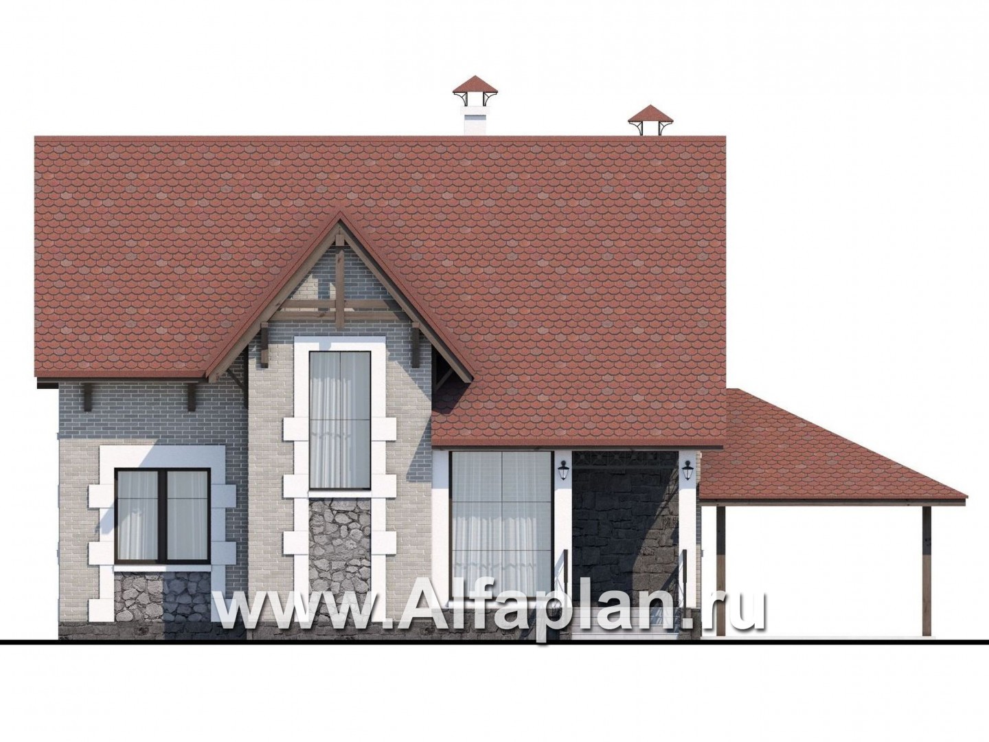 Проекты домов Альфаплан - Коттедж из кирпича «Высокая орбита» с гаражом навесом - изображение фасада №1