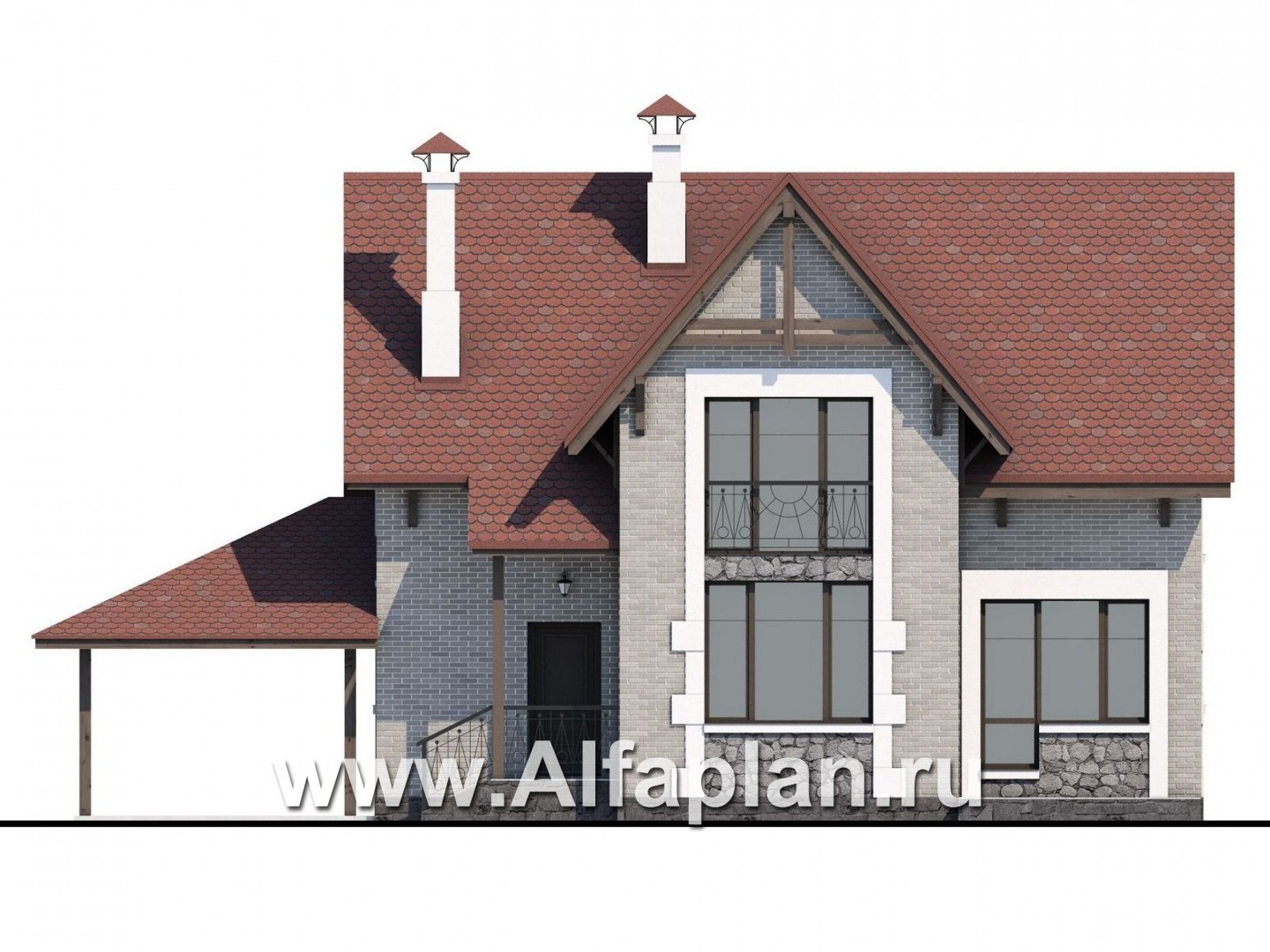 Проекты домов Альфаплан - Коттедж из кирпича «Высокая орбита» с гаражом навесом - изображение фасада №4