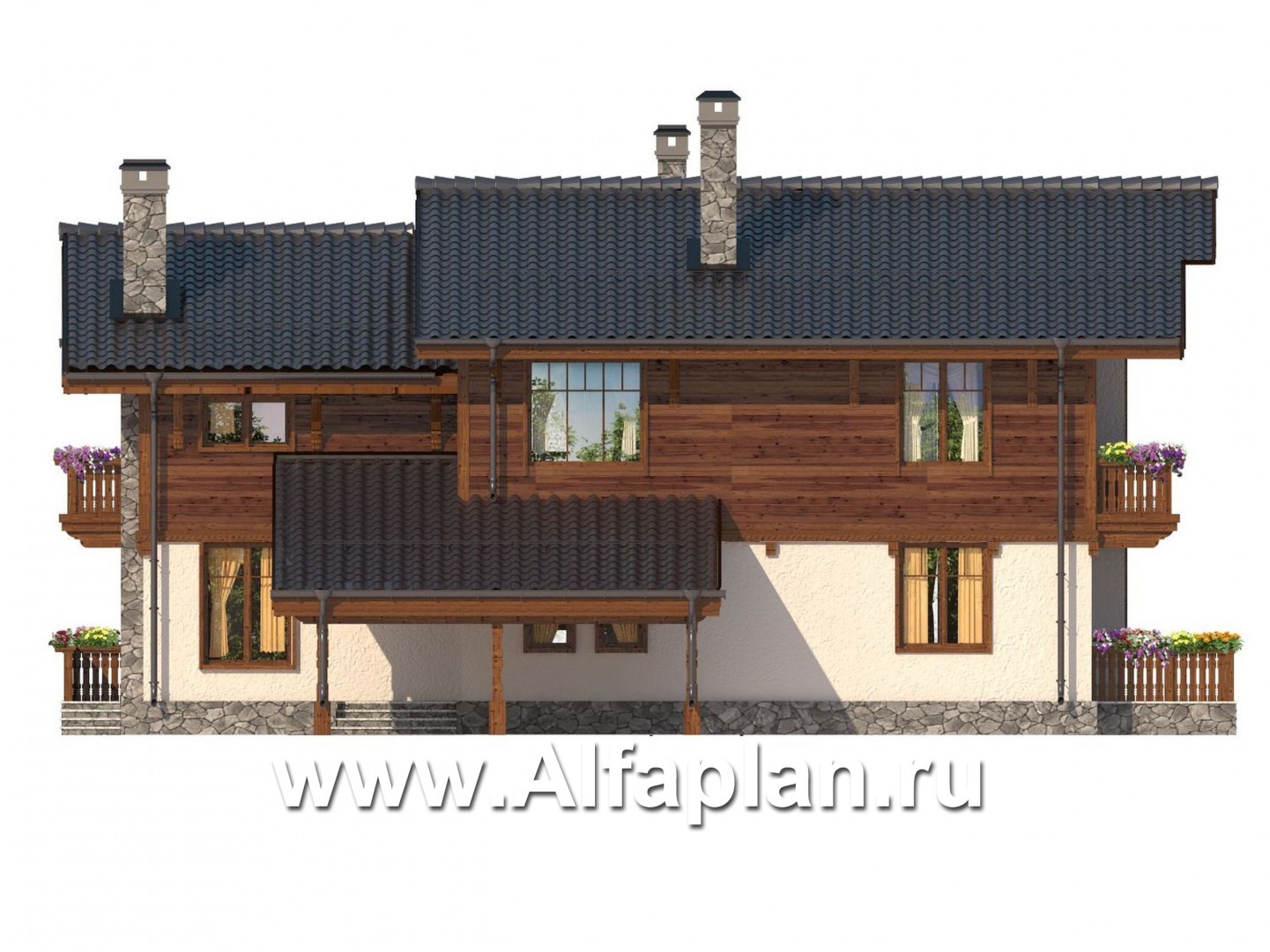 Проекты домов Альфаплан - Двуxэтажный дом с навесом для машины - изображение фасада №2