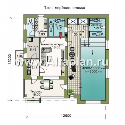 Проекты домов Альфаплан - Дом для отдыха (SPA-комплекс) с бассейном - превью плана проекта №1