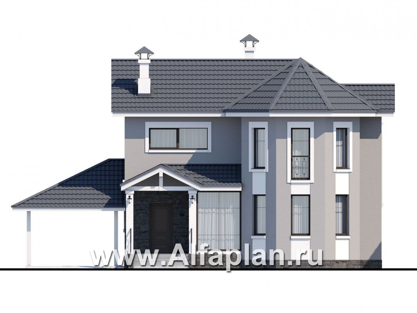 Проекты домов Альфаплан - «Веста» - небольшой удобный дом c гаражом-навесом - изображение фасада №1