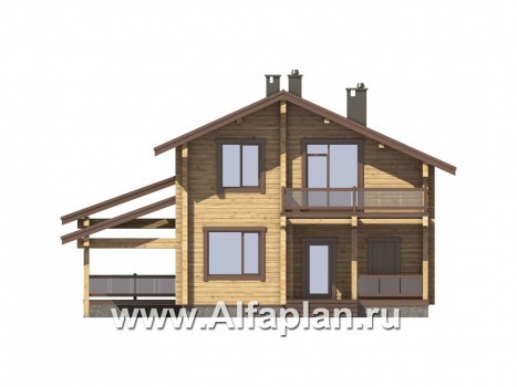 Проекты домов Альфаплан - Дом из бруса с навесом для машины и угловой террасой - превью фасада №4