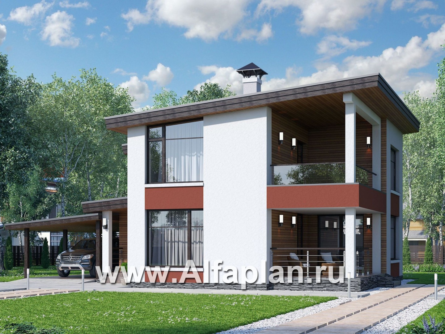 Проекты домов Альфаплан - Двухэтажный коттедж с односкатной кровлей - основное изображение