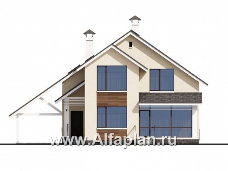 Проекты домов Альфаплан - «Реалист» - загородный дом с верандой и навесом для машины - превью фасада №1