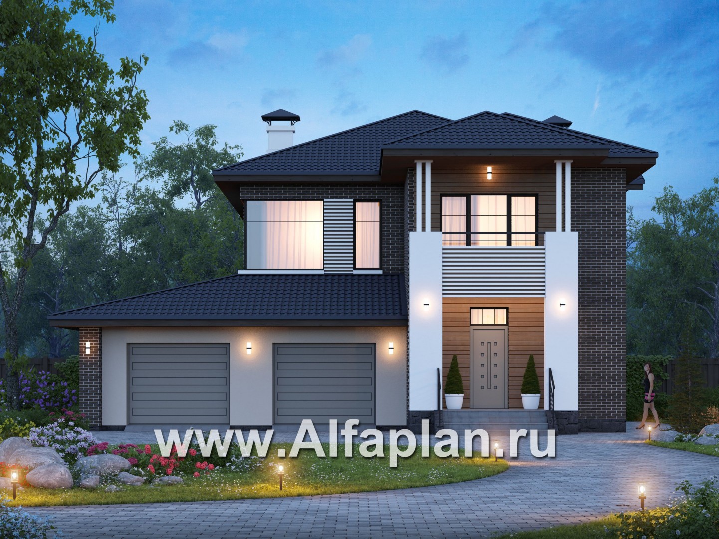 Проекты домов Альфаплан - «Новый поворот» - комфортный двухэтажный дом с гаражом - основное изображение