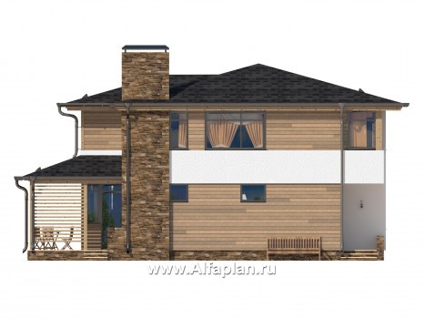Проект двухэтажного дома, планировка с камином и трубой на фасаде, с террасой, в современном стиле - превью фасада дома