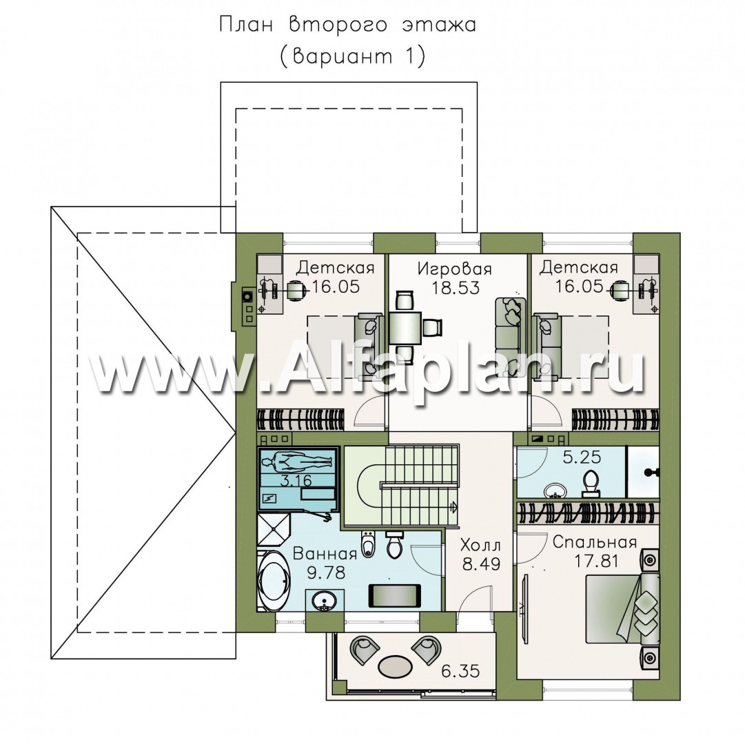 Проекты домов Альфаплан - «Седьмая высота» - современный коттедж с гаражом и просторной верандой - изображение плана проекта №2