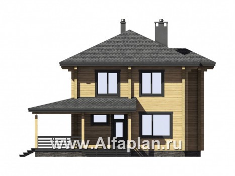 Проект двухэтажного дома из бруса, планировка с кабинетом на 1 эт и угловой террасой - превью фасада дома
