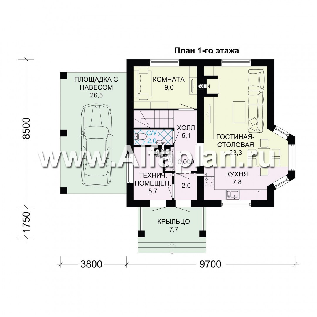 Проекты домов Альфаплан - Компактный мансардный дом с навесом для машины - изображение плана проекта №1