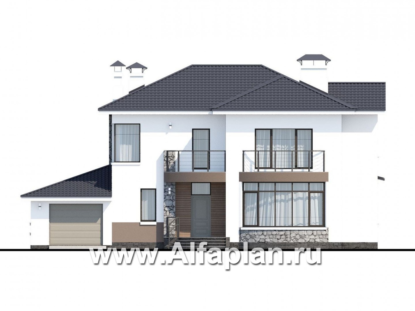 Проекты домов Альфаплан - «Гедонист»- коттедж с гаражом и эффектным остеклением - изображение фасада №1
