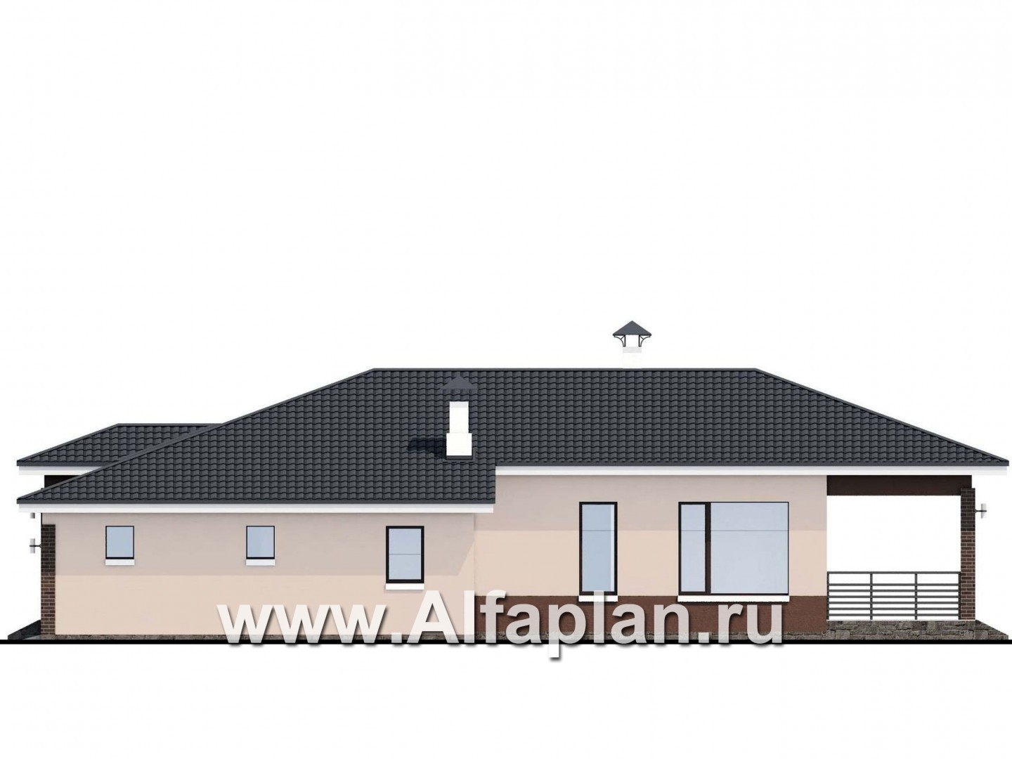 Проекты домов Альфаплан - «Каллиопа» - одноэтажный дом с террасой и гаражом (три спальни) - изображение фасада №2